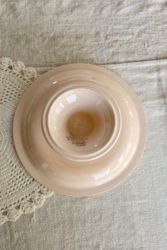 Compotier ancien Longwy en faïence rose - Série Betty - Décor Art Déco