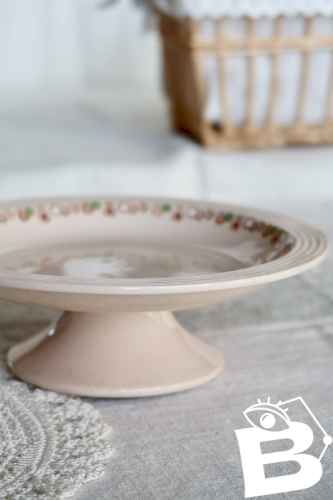 Compotier ancien Longwy en faïence rose - Série Betty - Décor Art Déco