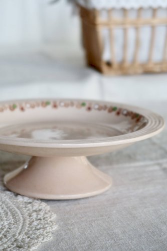 Compotier ancien Longwy en faïence rose - Série Betty - Décor Art Déco