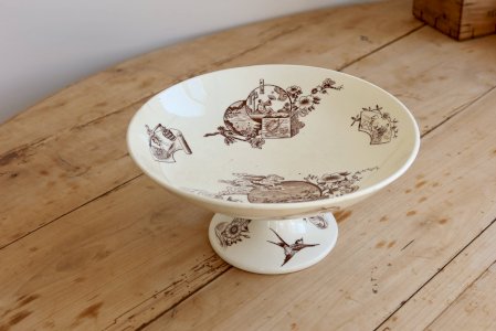 Antique compote dish, iron earth, ivory and sepia, Clairefontaine, oriental decoration.