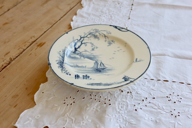 Compotier antique Gien modèle Marines - XIXe - Décor bleu paysage marin