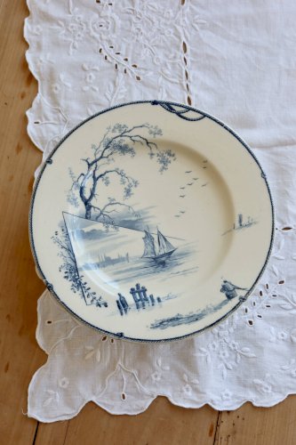 Compotier antique Gien modèle Marines - XIXe - Décor bleu paysage marin