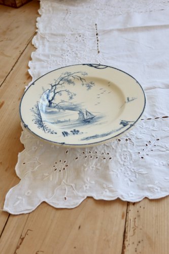 Compotier antique Gien modèle Marines - XIXe - Décor bleu paysage marin