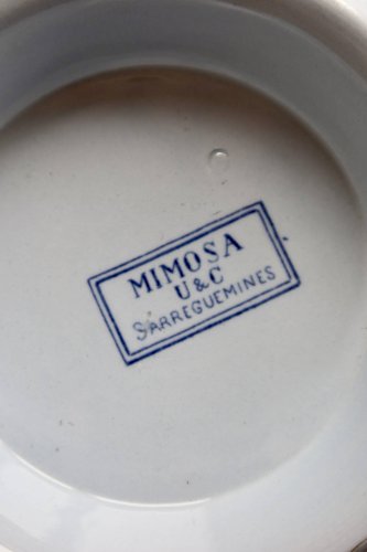 Compotier faïence anciennes Sarreguemines U&C modèle Mimosa bleu