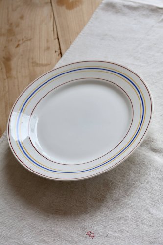 Compotier vintage Céranord Saint-Amand rayures rouge, bleu et jaune