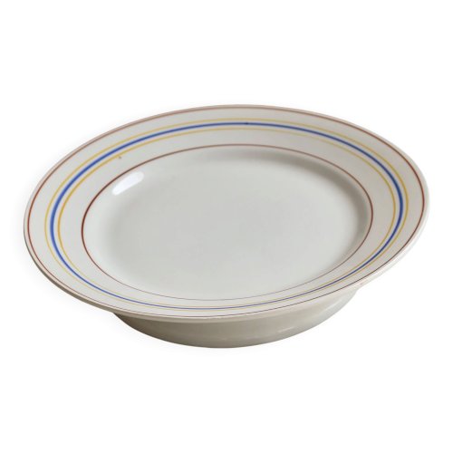 Compotier vintage Céranord Saint-Amand rayures rouge, bleu et jaune