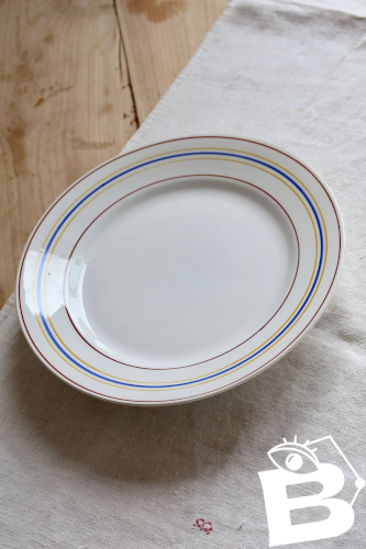Compotier vintage Céranord Saint-Amand rayures rouge, bleu et jaune
