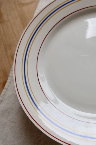 Compotier vintage Céranord Saint-Amand rayures rouge, bleu et jaune
