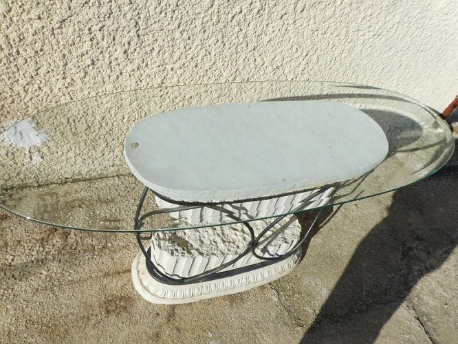 CONSOLE COLONNE GRECQUE EN FER FORGE ET VERRE