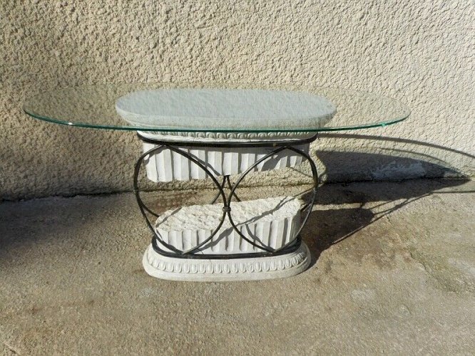 CONSOLE COLONNE GRECQUE EN FER FORGE ET VERRE