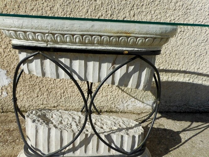 CONSOLE COLONNE GRECQUE EN FER FORGE ET VERRE
