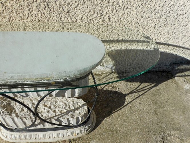 CONSOLE COLONNE GRECQUE EN FER FORGE ET VERRE