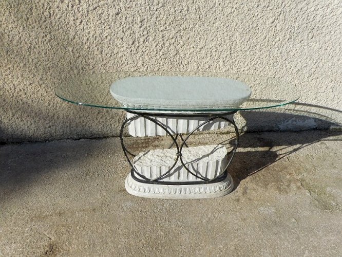 CONSOLE COLONNE GRECQUE EN FER FORGE ET VERRE