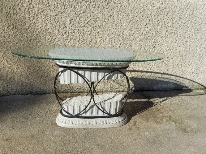 CONSOLE COLONNE GRECQUE EN FER FORGE ET VERRE