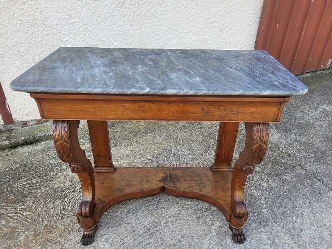 CONSOLE EMPIRE RESTAURATION AVEC PLATEAU MARBRE EN NOYER DU XIX ème SIECLE