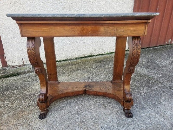 CONSOLE EMPIRE RESTAURATION AVEC PLATEAU MARBRE EN NOYER DU XIX ème SIECLE