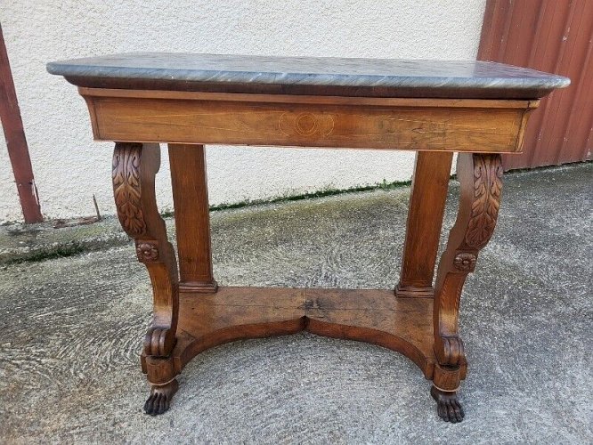 CONSOLE EMPIRE RESTAURATION AVEC PLATEAU MARBRE EN NOYER DU XIX ème SIECLE