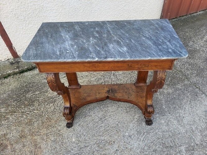 CONSOLE EMPIRE RESTAURATION AVEC PLATEAU MARBRE EN NOYER DU XIX ème SIECLE