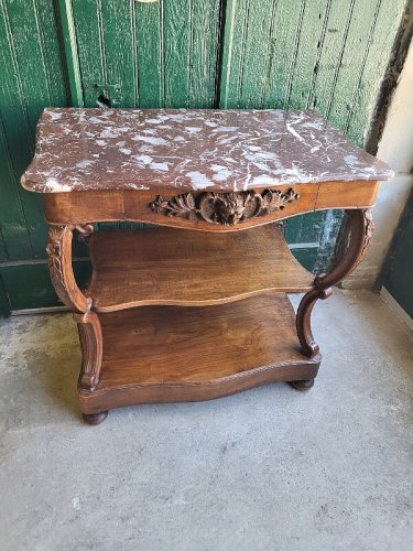 CONSOLE EN NOYER SCULPTEE PLATEAU MARBRE DU XIX ème SIECLE