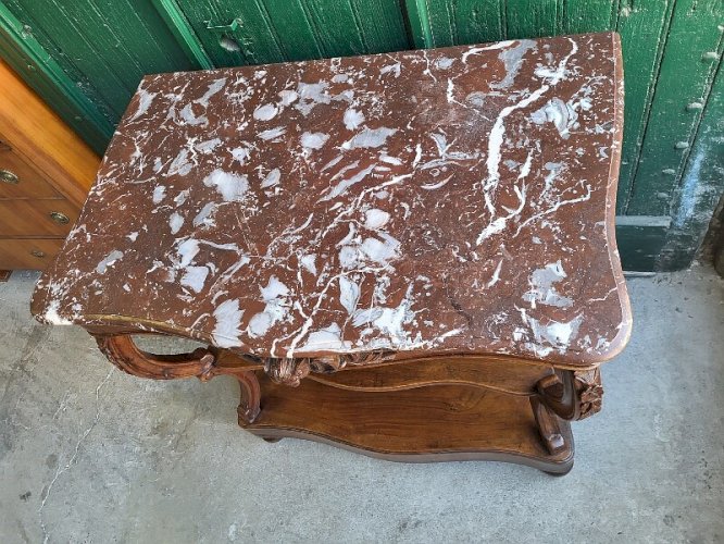 CONSOLE EN NOYER SCULPTEE PLATEAU MARBRE DU XIX ème SIECLE