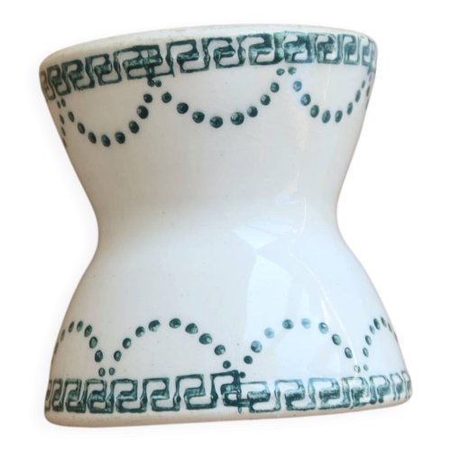 Coquetier diabolo ancien en terre de fer ivoire et motif vert