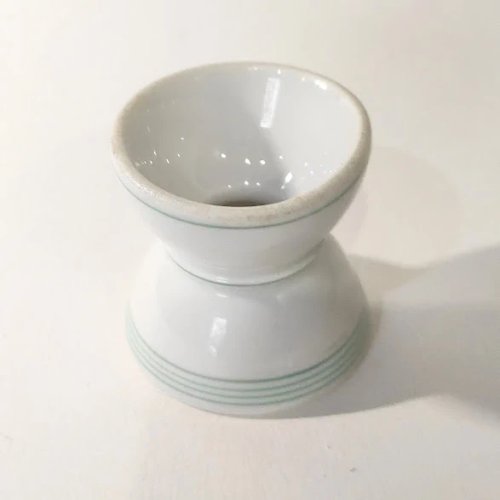 Coquetier diabolo ancien (ou coquetier double) en porcelaine blanche et liserés verts-Vintage