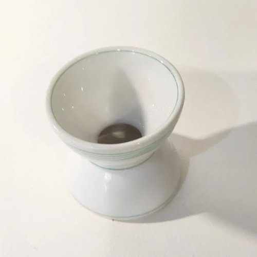 Coquetier diabolo ancien (ou coquetier double) en porcelaine blanche et liserés verts-Vintage