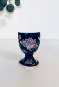 Vintage Egg Cup Black Porcelain - Floral Decoration Pink & Yellow
