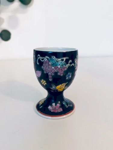 Coquetier Vintage Porcelaine Noire - Décor Floral Rose & Jaune