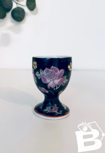 Coquetier Vintage Porcelaine Noire - Décor Floral Rose & Jaune