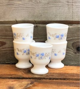 Retro vintage egg cups Arcopal blue flower patterns