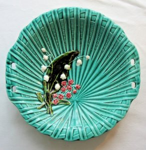 Green slipware bowl, Art Deco, SCHRAMBERG: Lily of the valley and Forget-me-not on palm tree