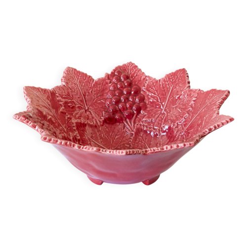 Coupe centre de table en barbotine feuilles de vigne framboise