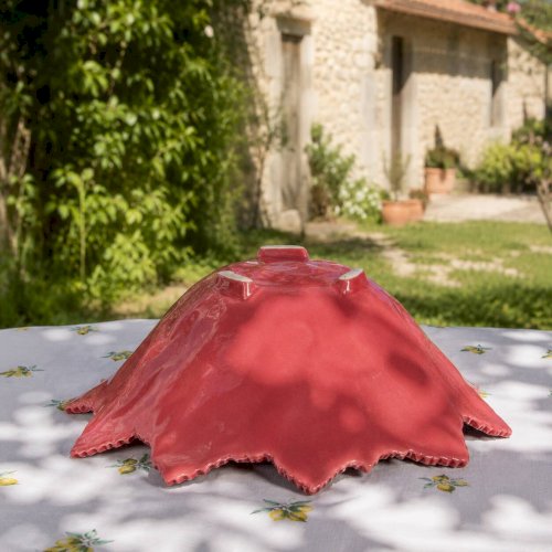 Coupe centre de table en barbotine feuilles de vigne framboise