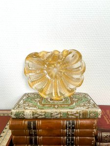 Coupe coquille Saint Jacques en verre Murano Italie avec filet d'or paillette