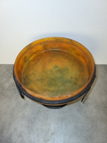 COUPE EN PATE DE VERRE ET FER FORGE SIGNEE LORRAIN