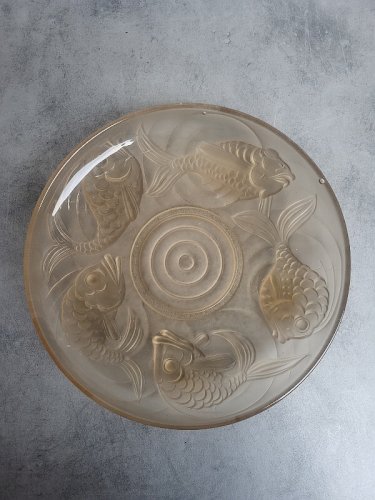 COUPE EN VERRE BEIGE ART DECO DECOR DE POISSONS