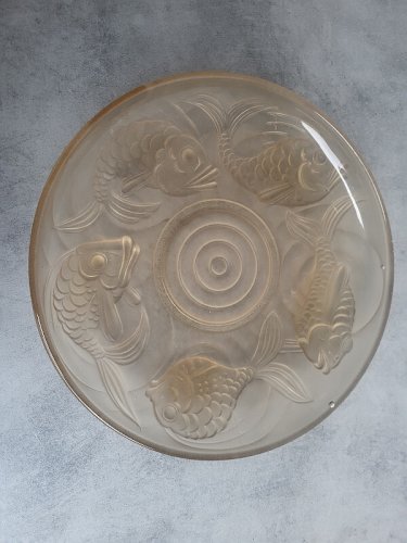 COUPE EN VERRE BEIGE ART DECO DECOR DE POISSONS
