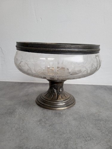 COUPE EN VERRE CISELE ET ARGENT MASSIF POINCON MINERVE STYLE LOUIS XVI de 1017 g