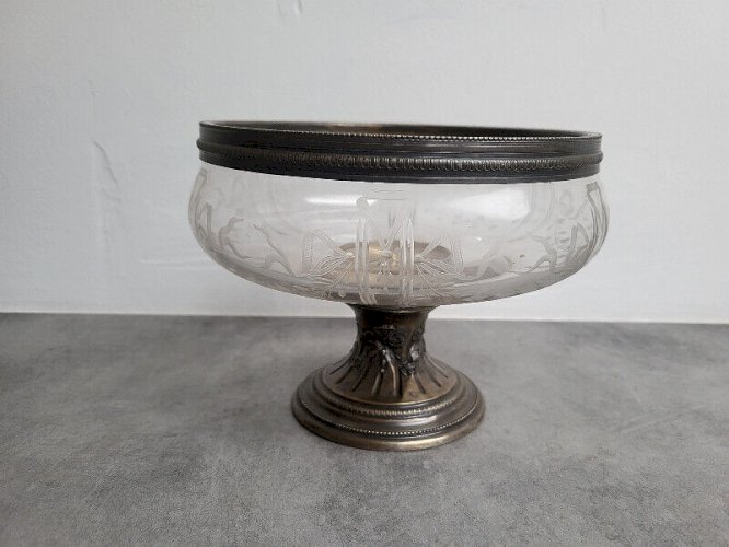 COUPE EN VERRE CISELE ET ARGENT MASSIF POINCON MINERVE STYLE LOUIS XVI de 1017 g