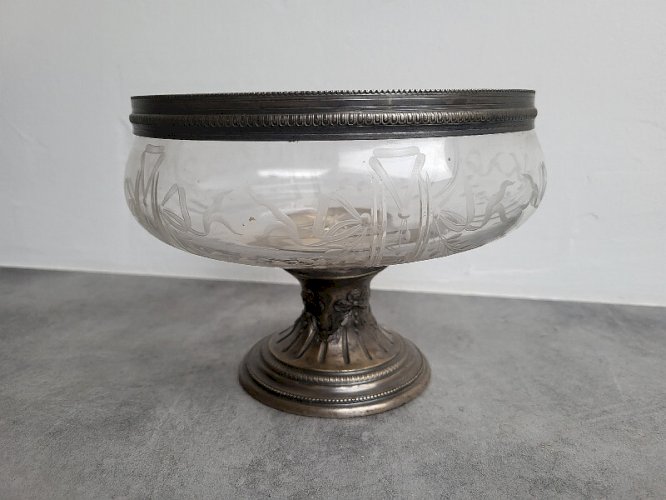 COUPE EN VERRE CISELE ET ARGENT MASSIF POINCON MINERVE STYLE LOUIS XVI de 1017 g