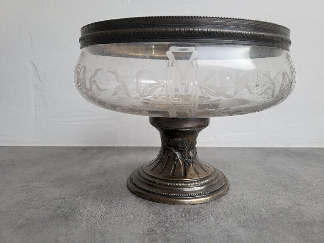 COUPE EN VERRE CISELE ET ARGENT MASSIF POINCON MINERVE STYLE LOUIS XVI de 1017 g