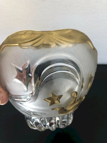 Coupe  ovale en verre décor peint dorure d'angelots et étoiles vintage verrerie