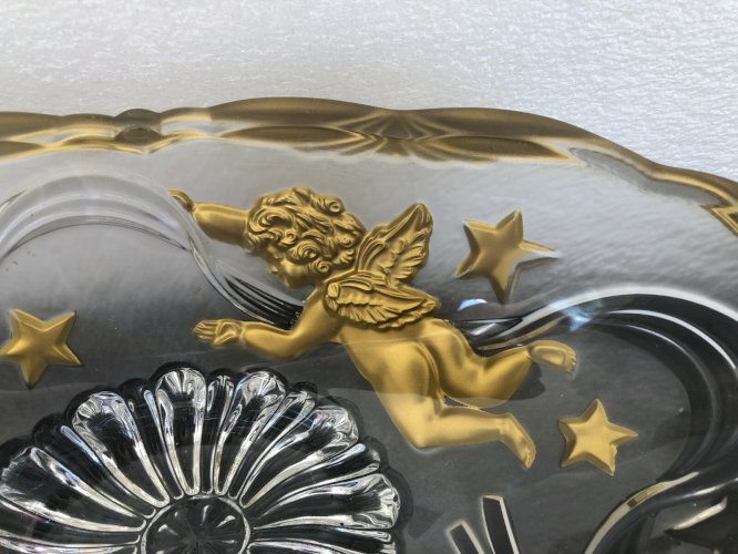 Coupe  ovale en verre décor peint dorure d'angelots et étoiles vintage verrerie