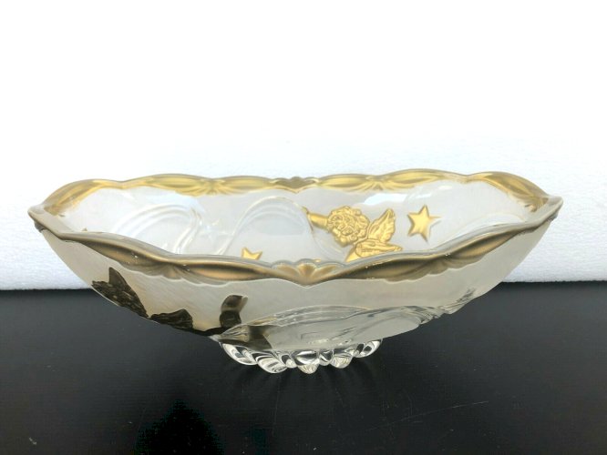Coupe  ovale en verre décor peint dorure d'angelots et étoiles vintage verrerie