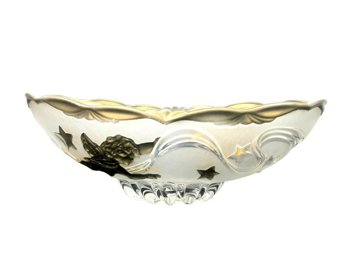 Coupe  ovale en verre décor peint dorure d'angelots et étoiles vintage verrerie