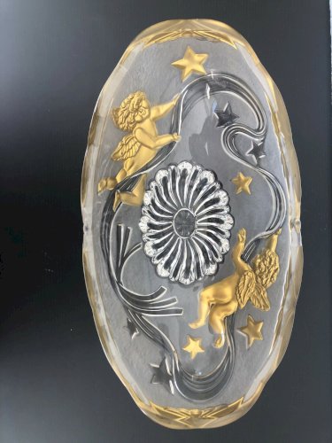 Coupe  ovale en verre décor peint dorure d'angelots et étoiles vintage verrerie
