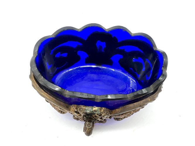 Coupe verre bleu cobalt et bronze doré XIXe style Louis XV Rococo antique