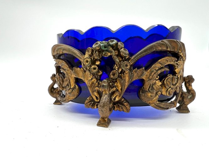Coupe verre bleu cobalt et bronze doré XIXe style Louis XV Rococo antique