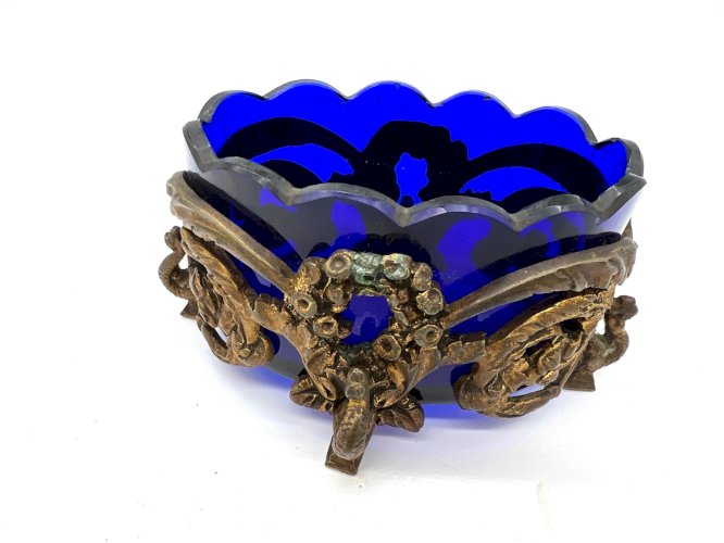 Coupe verre bleu cobalt et bronze doré XIXe style Louis XV Rococo antique